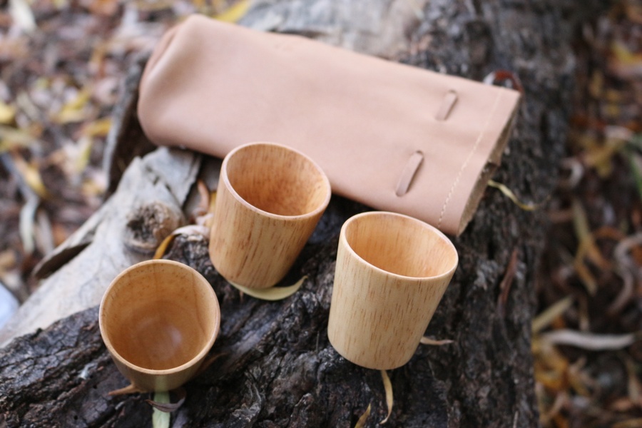 Reindeer Leather bag and 3 shot cups photo